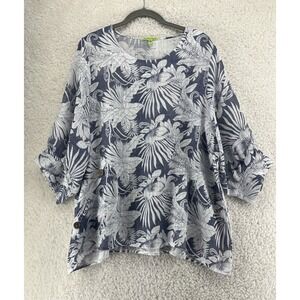 Trisha Tyler Blouse Women's Size XL Floral Blue Lagenlook Artsy Beachy Coastal